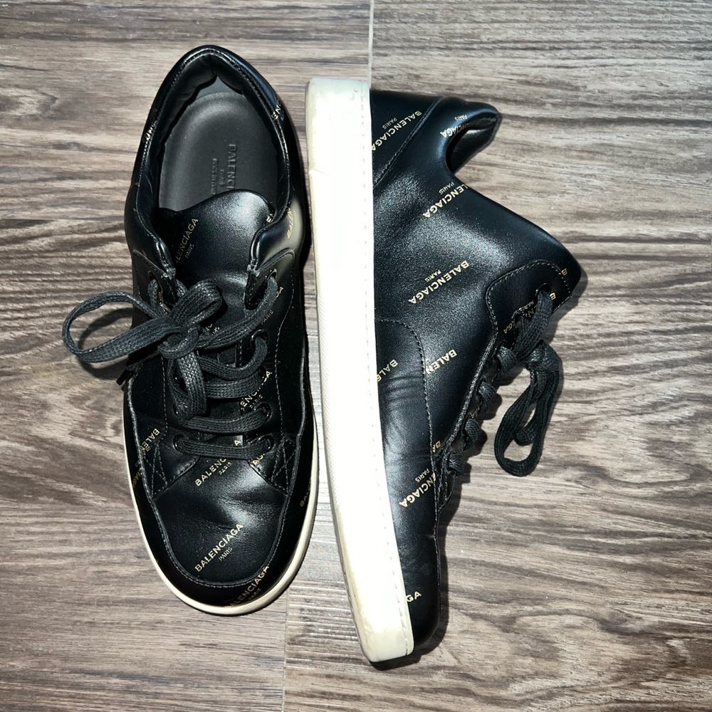 Balenciaga black leather & gold logo sneakers
